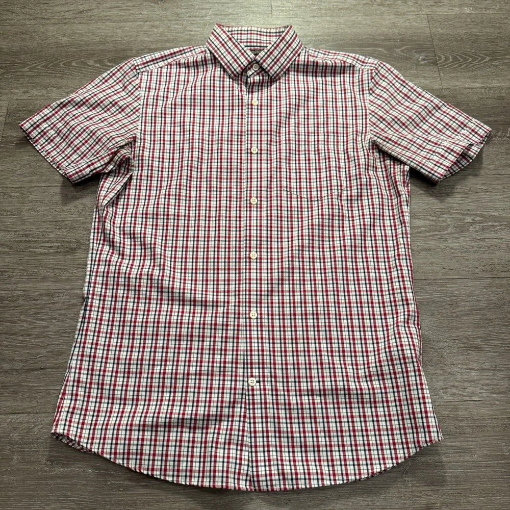 Banana Republic Shirt Mens M Tall Red White Blue Cotton Plaid Slim Non-Iron Prep